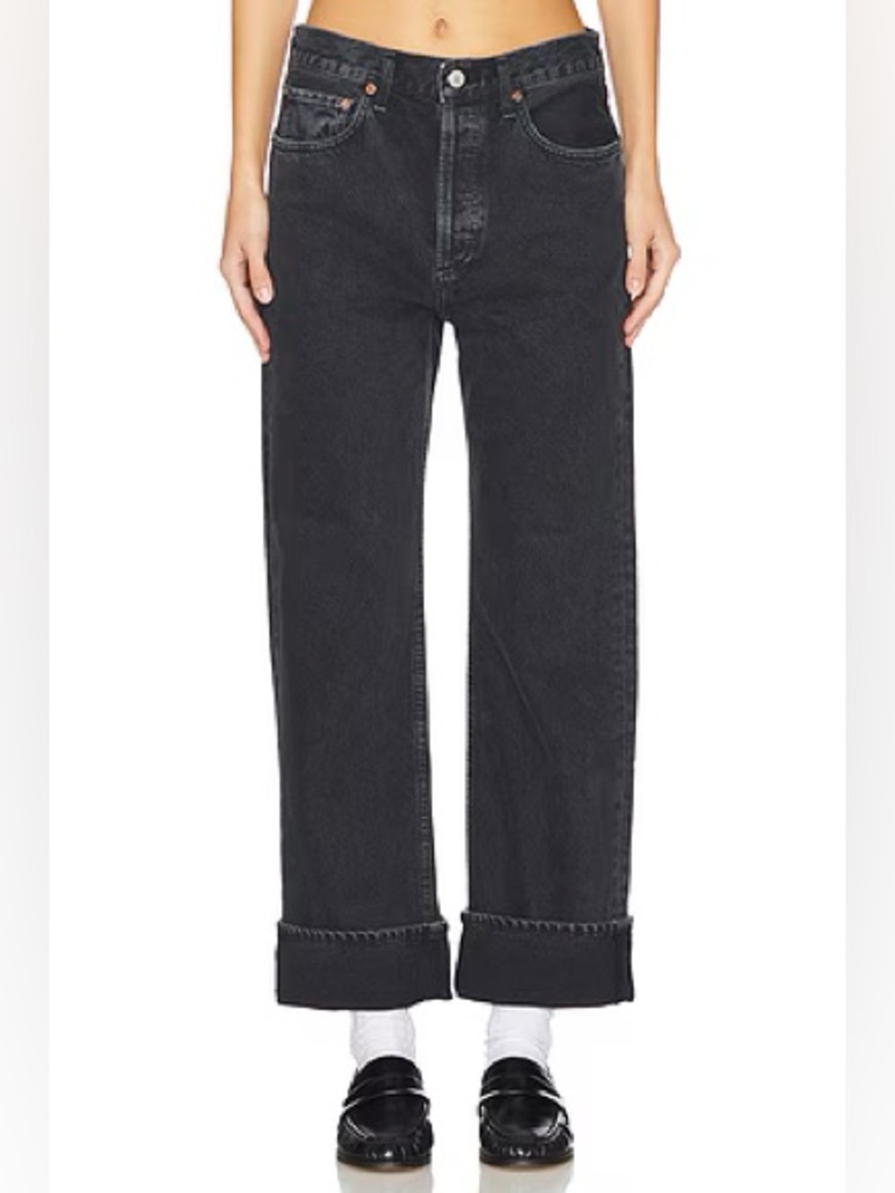 Agolde Fran Low Slung Easy Straight Jeans  Black Tea Button Fly Denim Women’s 24